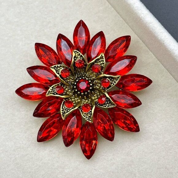 Yellow Gold with Ruby Red Crystal Round Flower Pin Back Brooch - Picture 3 of 8